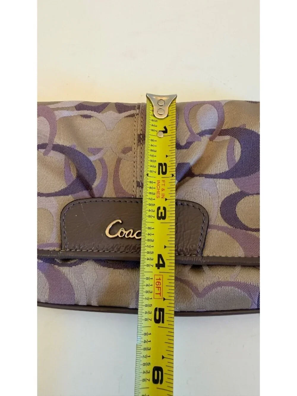 Coach Large Flap Wristlet Clutch Beige & Purple Signature C Logo Pattern